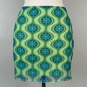 Womens Whimsy Twee Mod Go-Go Mini Skirt Large 60s Retro Green Floral Daisy